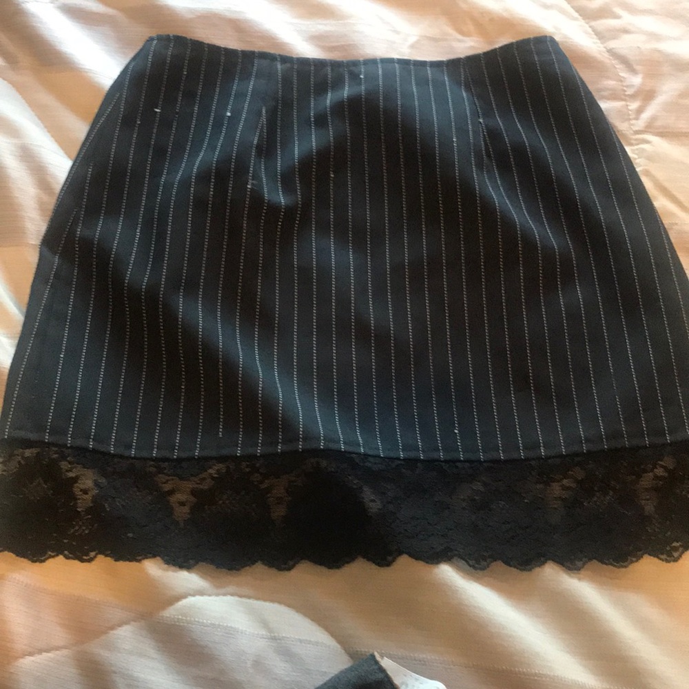 Pinstriped navy skirt with black lace trim